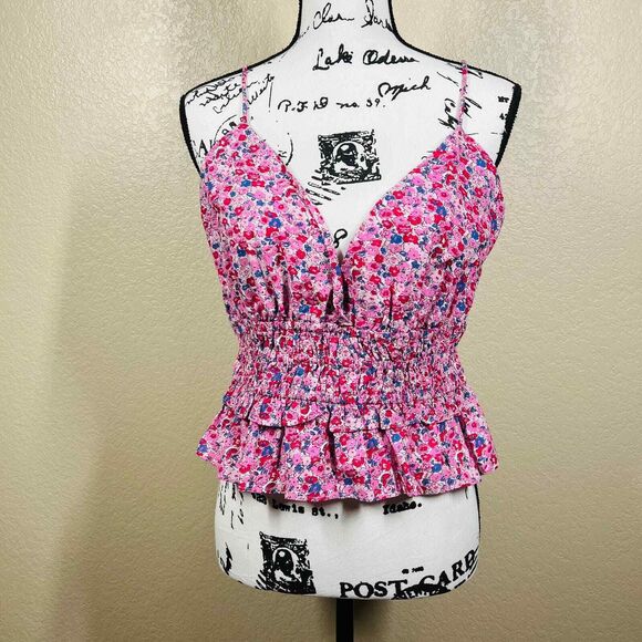 Sim and Sam pink top strap V neckline smocked floral blouse size XL boho baddie - Picture 5 of 12